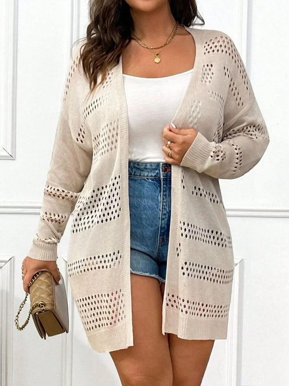 Apricot Casual Women's Loose Drop Sleeve Pointelle Knit Duster Cardigan